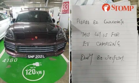 Porsche in parking space meant for electric vehicles at Suntec City gets note: 'Don't be selfish'