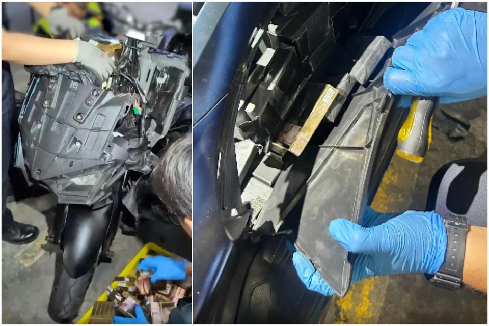 More than 400 packets of duty-unpaid cigarettes were found and removed from the side fairings of a Malaysia-registered motorcycle on Sept 30.