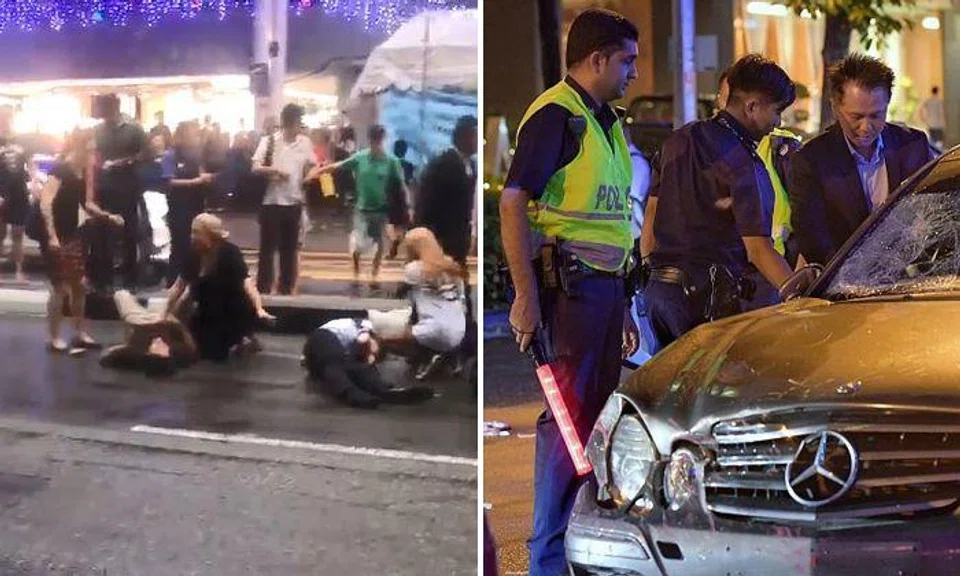 Four pedestrians were injured (left) after a Mercedes driver (right) ploughed into them at Tanjong Pagar PHOTO: STOMP/THE STRAITS TIMES