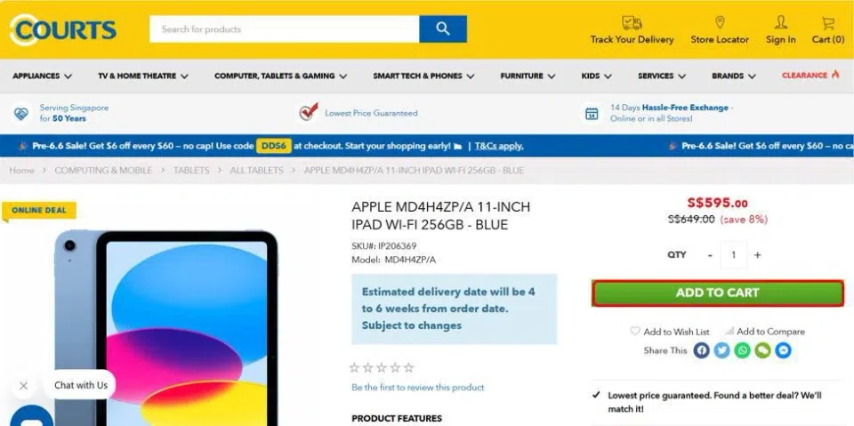 The screenshot shows the desktop view of the product landing page for an Apple iPad and the green