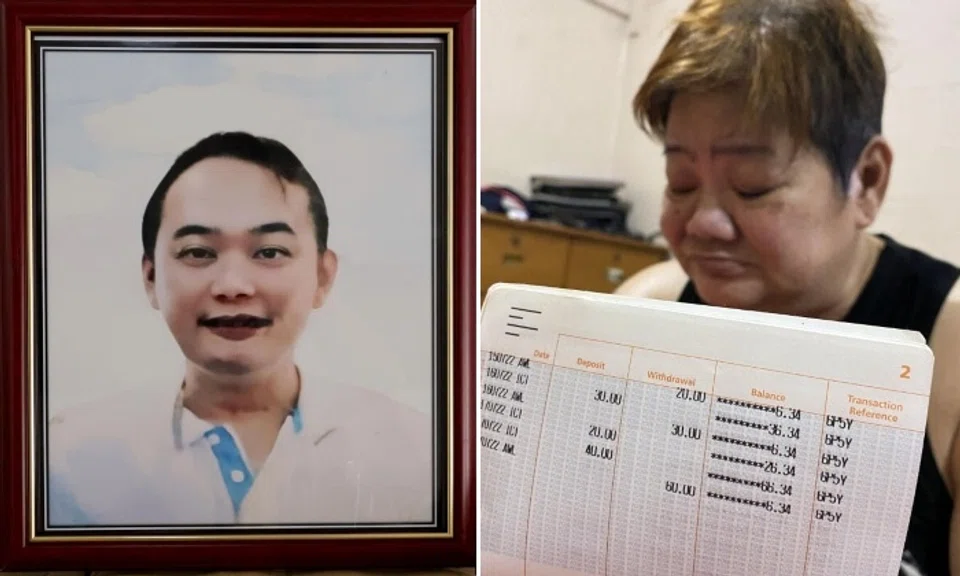 After her son died, Madam Jenny Koh revealed that there was just $6 left in her bank account. Photos: Shin Min Daily News