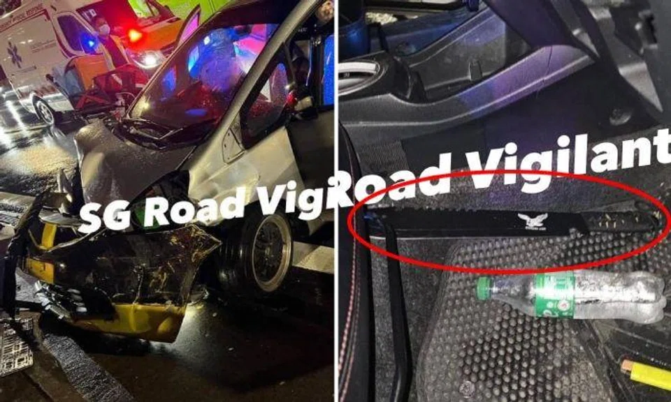 Photos of the aftermath of the accident posted on Facebook show a grey Honda car with a crumpled bonnet against a kerb, with its licence plate on the ground. In one of the photos, a machete can be seen in the driver’s footwell.