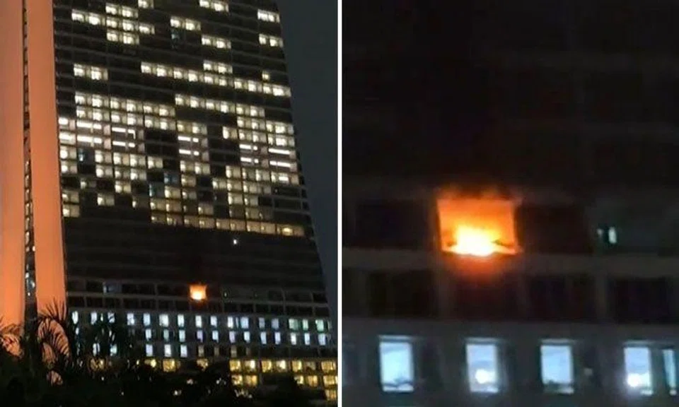 In a video posted on video-sharing platform TikTok, a fire can be seen in the hotel room. PHOTOS: SCREENGRAB FROM SWIZZYINSG/TIKTOK