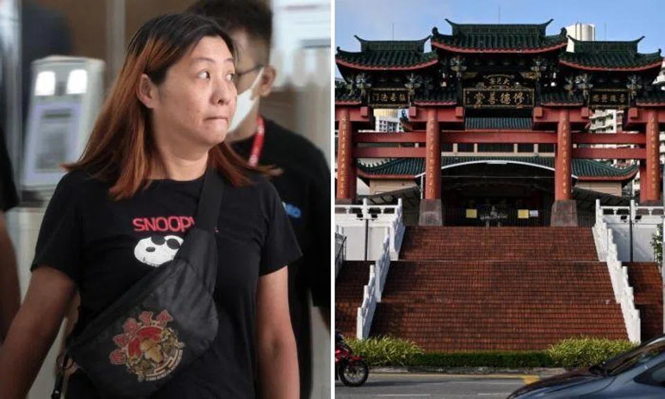 Tham Lai Ying, who was working at the Toa Payoh Seu Teck Sean Tong temple at the time, had used the misappropriated monies to buy groceries and dine in restaurants daily. Photos: The Straits Times