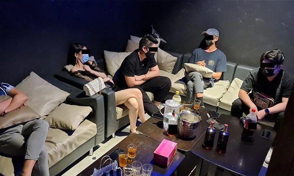 An unlicensed "KTV-concept" outlet in an office-cum-industrial unit in Irving Place, in the MacPherson area. PHOTO: SINGAPORE POLICE FORCE