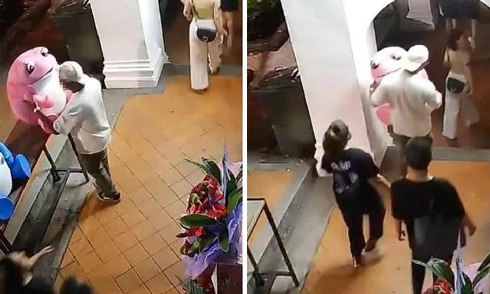 CCTV footage timestamped at 1.11am showed a man in a white hat taking the pink frog decoration away.
