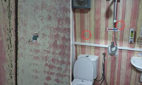 woman finds holes in yew tee hip temporary toilet