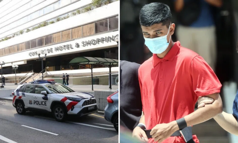 Sharvin Jay Nair, 25, pleaded guilty to one charge of voluntarily causing hurt to Mr Mohammad Isrrat Mohd Ismail, who died following the brawl at Concorde Hotel & Shopping Mall. Photos: The Straits Times
