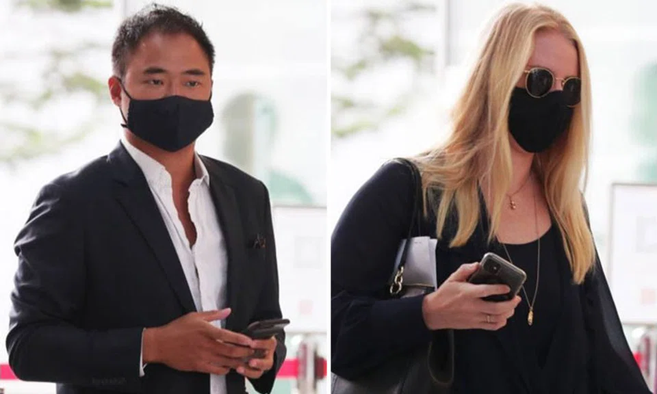 Mark Lau San Mao (left) and Amy Grace Ropner arriving at State Courts, on March 1, 2021. ST PHOTO: KELVIN CHNG