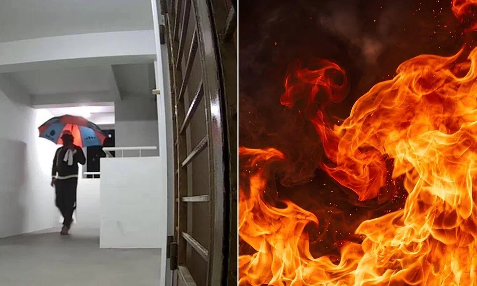 CCTV footage of man walking to the door before setting fire on it