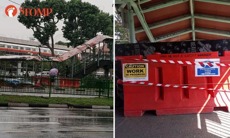 Damaged sheltered walkway near Yio Chu Kang MRT Station was caused by fallen tree, LTA has commenced repair works