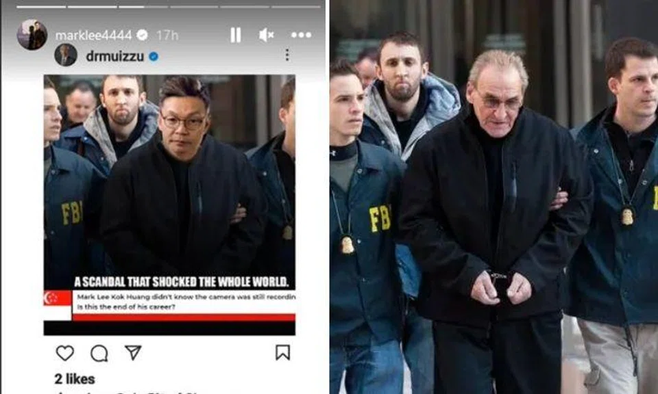 The first photo showed a man being escorted by FBI agents, with Lee’s disproportionately small head pasted on the man’s body. The original 2014 image was of American mobster Vincent Asaro.