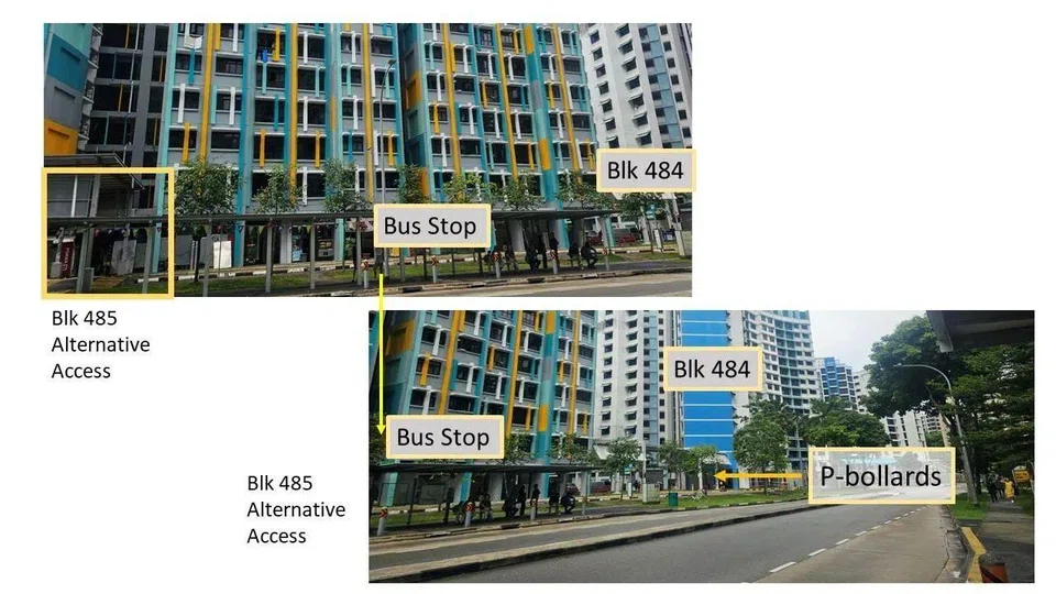 Residents in wheelchairs are to use the alternate access located in front of Block 485 Segar Road. (Click for more photos).