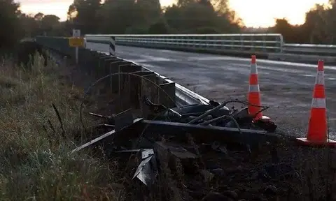 The rental camper van the trio were in hit a barrier at the intersection of a road and burst into flames. PHOTO: 1NEWS The crash happened along Te Moana Road near the town of Geraldine at around 1am on April 17. PHOTO: NEW ZEALAND HERALD