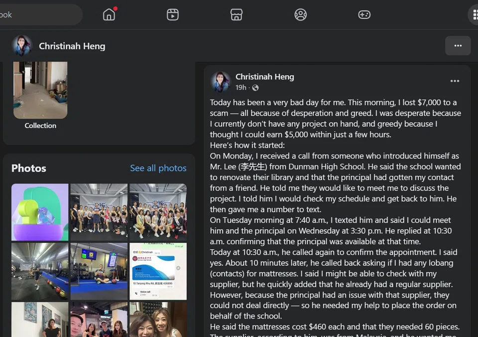 A screenshot of a Facebook post by Ms Christina Heng who shared on Oct 15 that she was conned in a bulk order scam. PHOTO: SCREENGRAB FROM CHRISTINAH HENG/FACEBOOK