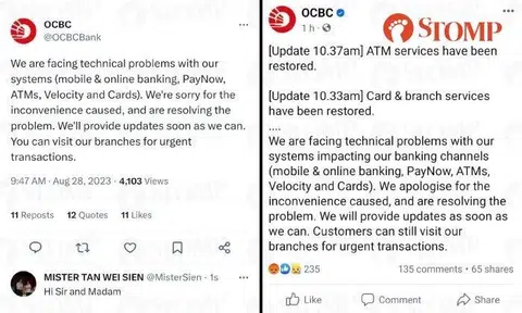OCBC Bank said that all its banking services were restored by early afternoon after an outage on Monday morning (Aug 28).