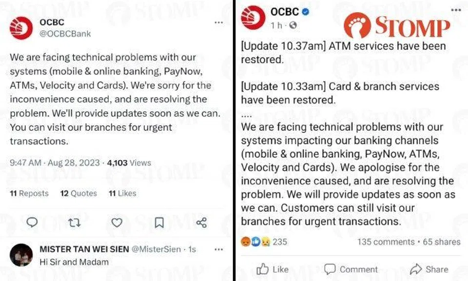 OCBC Bank said that all its banking services were restored by early afternoon after an outage on Monday morning (Aug 28).
