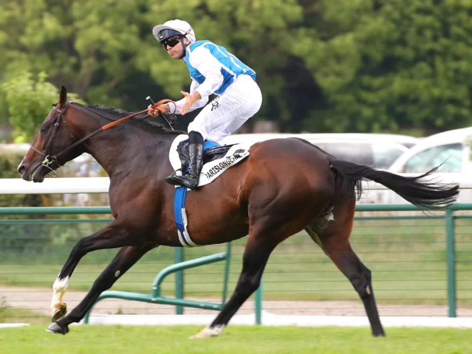French jockey Maxime Guyon staring at the crowd as he guides the Andre Fabre-trained Sosie to an easy win in the Group 1 Prix d'Ispahan (1,800m) at ParisLongchamp on May 25.


