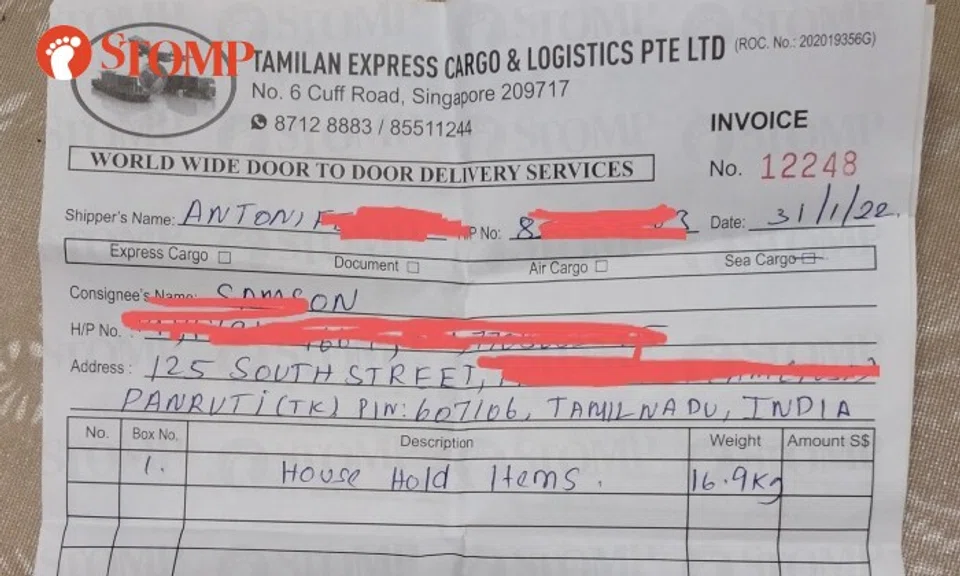 The Stomper shared a photo of the invoice from Tamilan Express Cargo & Logistics.