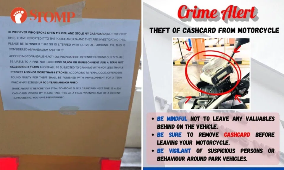 Motorcyclist posts warning to thief who stole his cashcard in carpark, blames OBU as it can't be locked