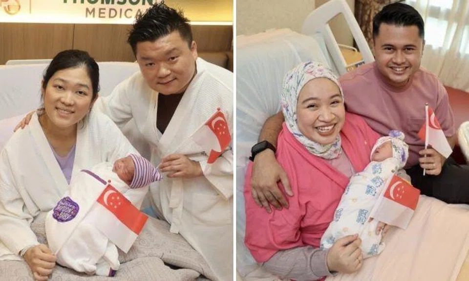Mr Liu Yongfeng and his wife Zhang Huixian with their baby and Mr Muhammad Faiz Shah Iskandar Shah and his wife Nur Zuhairah Anuar with theirs. Photos: Lianhe Zaobao