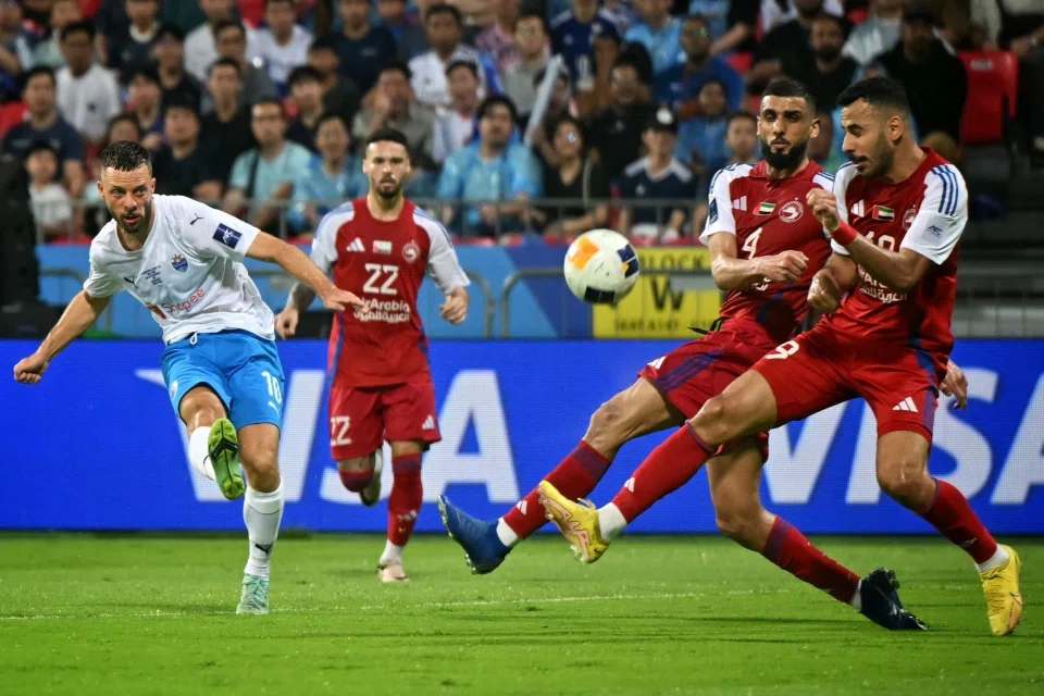 Lion City Sailors' Bart Ramselaar has his shot closed down by Sharjah FC's Shahin Abdulrahman and Khaled Ibrahim in the ACL2 final.