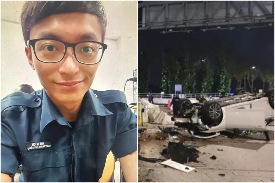 Mr Ng Yi Shu (left) was working at the checkpoint on March 24, 2023, when Yoong Kok Kai crashed into him while driving a car. 