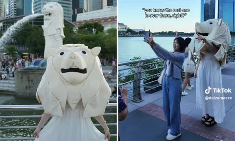 Woman dresses up as Merlion to visit Merlion, confusing some tourists