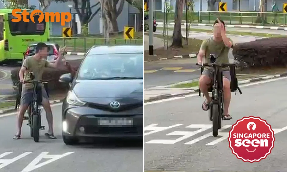 E-bike rider hurls vulgarities and flashes middle finger at driver in Tampines: ‘You almost hit me’