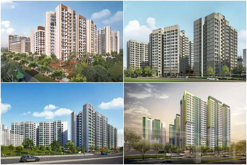 (Clockwise from top left) The Chencharu Grove, Yishun Grove, Fernvale Plains and Ping Yi Court BTO projects will be offered in the upcoming October sales exercise.