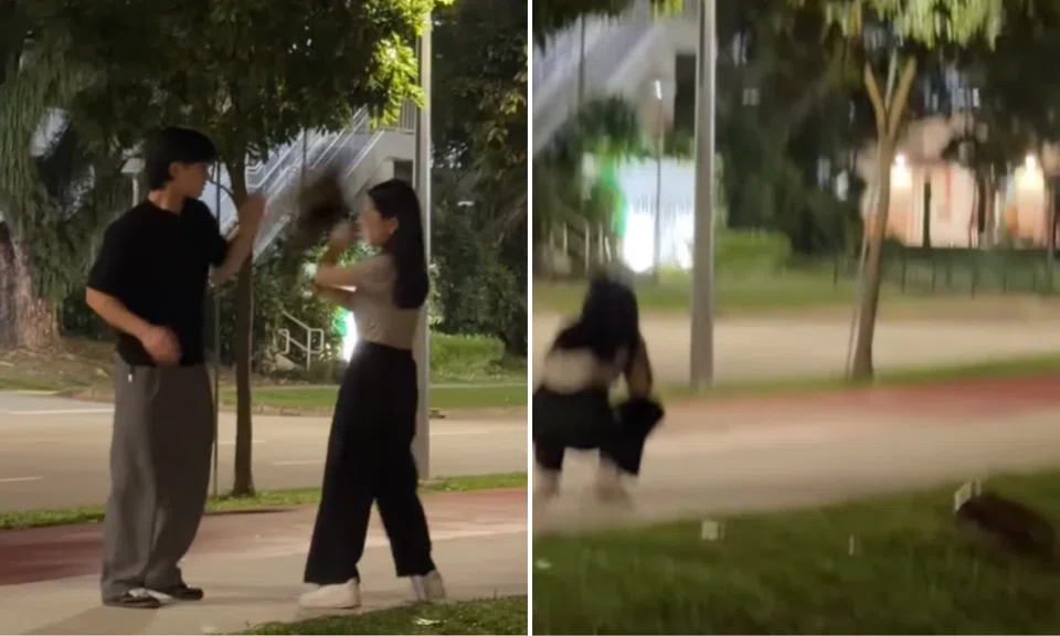 The woman was seen getting physical during the argument before the man walked away.