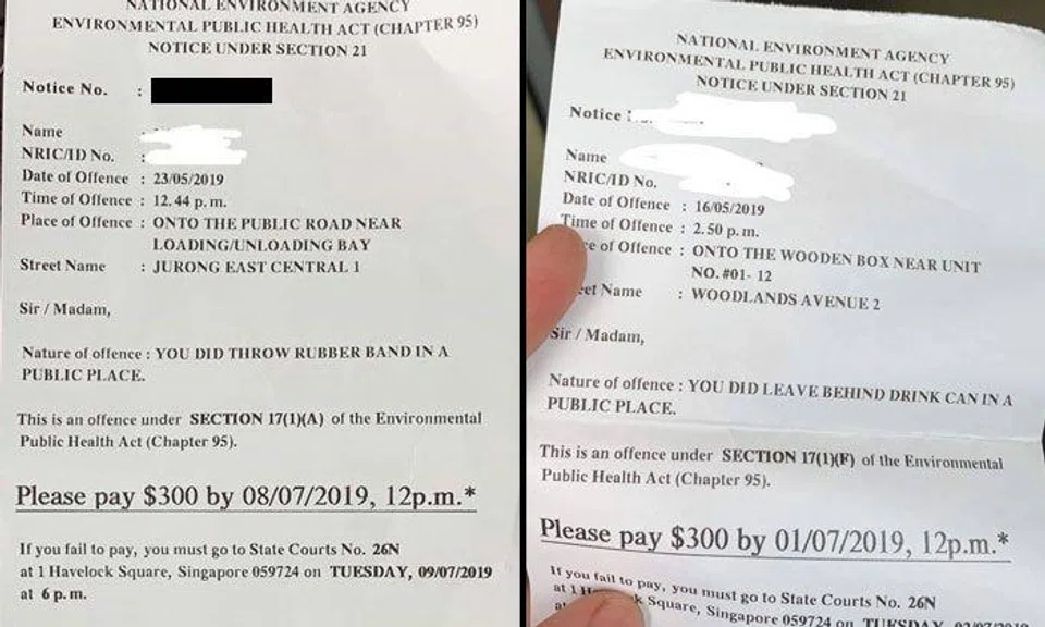 NEA explains viral photos of fines for shooting rubber bands and leaving drink cans behind