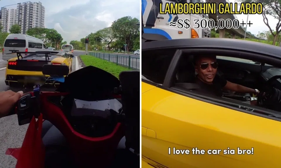 Taken from the point of view of the rider, the video shows Koocester coming to a stop next to the yellow Lamborghini at a traffic light junction.