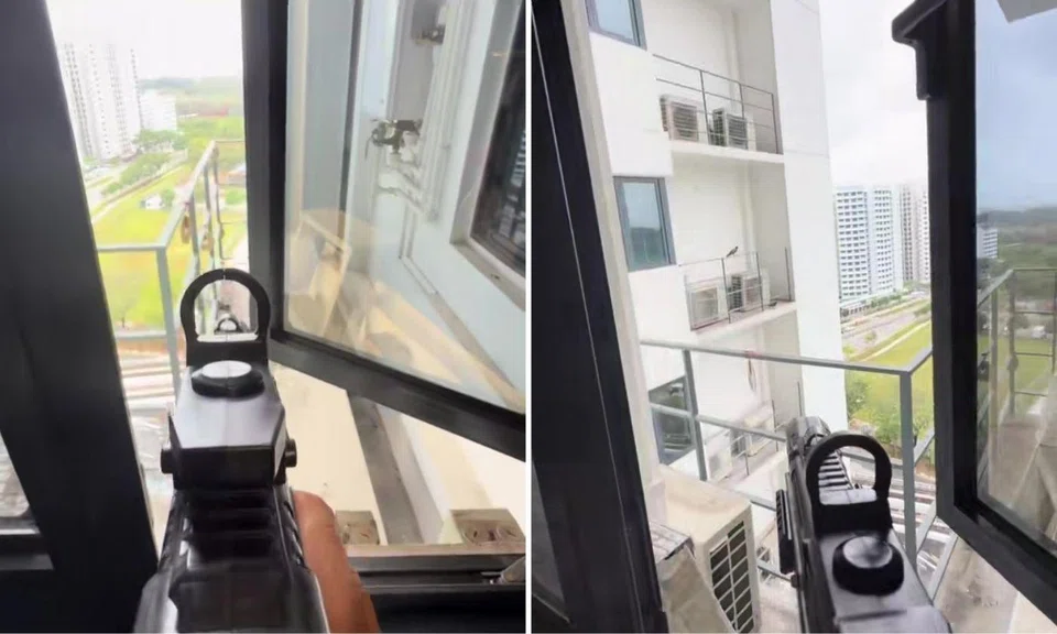 man uses electric water gun to scare away pigeons at air-conditioner ledge