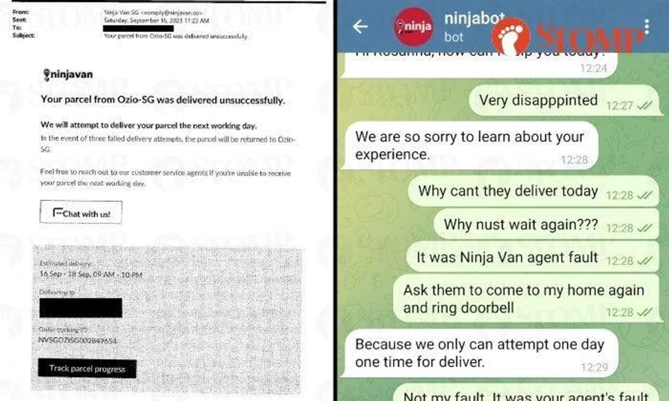 A woman said she had waited "the whole" at home for the delivery of her parcel, only to get an email from Ninja Van that the delivery was unsuccessful.