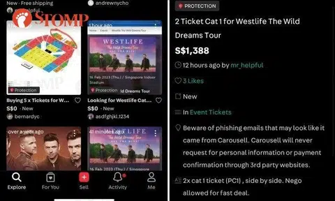 A Westlife fan was disappointed he was not able to get tickets for the Irish boyband's Feb 16, 2023, concert at the Singapore Indoor Stadium only to see the tickets listed on Carousell for as much as $1,388.