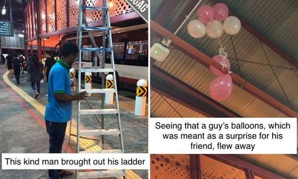 Worker brings out ladder to retrieve balloons from ceiling for man