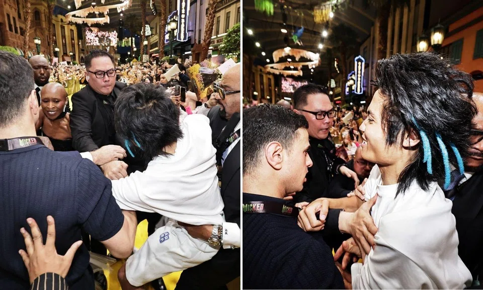 Johnson Wen (left) caused a commotion during the premiere of Wicked: For Good on Nov 13 by charging towards Ariana Grande, who stars in the movie.