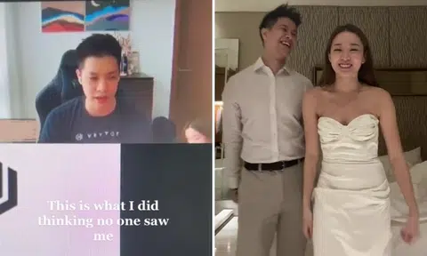 Wife fails to hide from man's video work call while crawling to retrieve watch, causes him to fumble