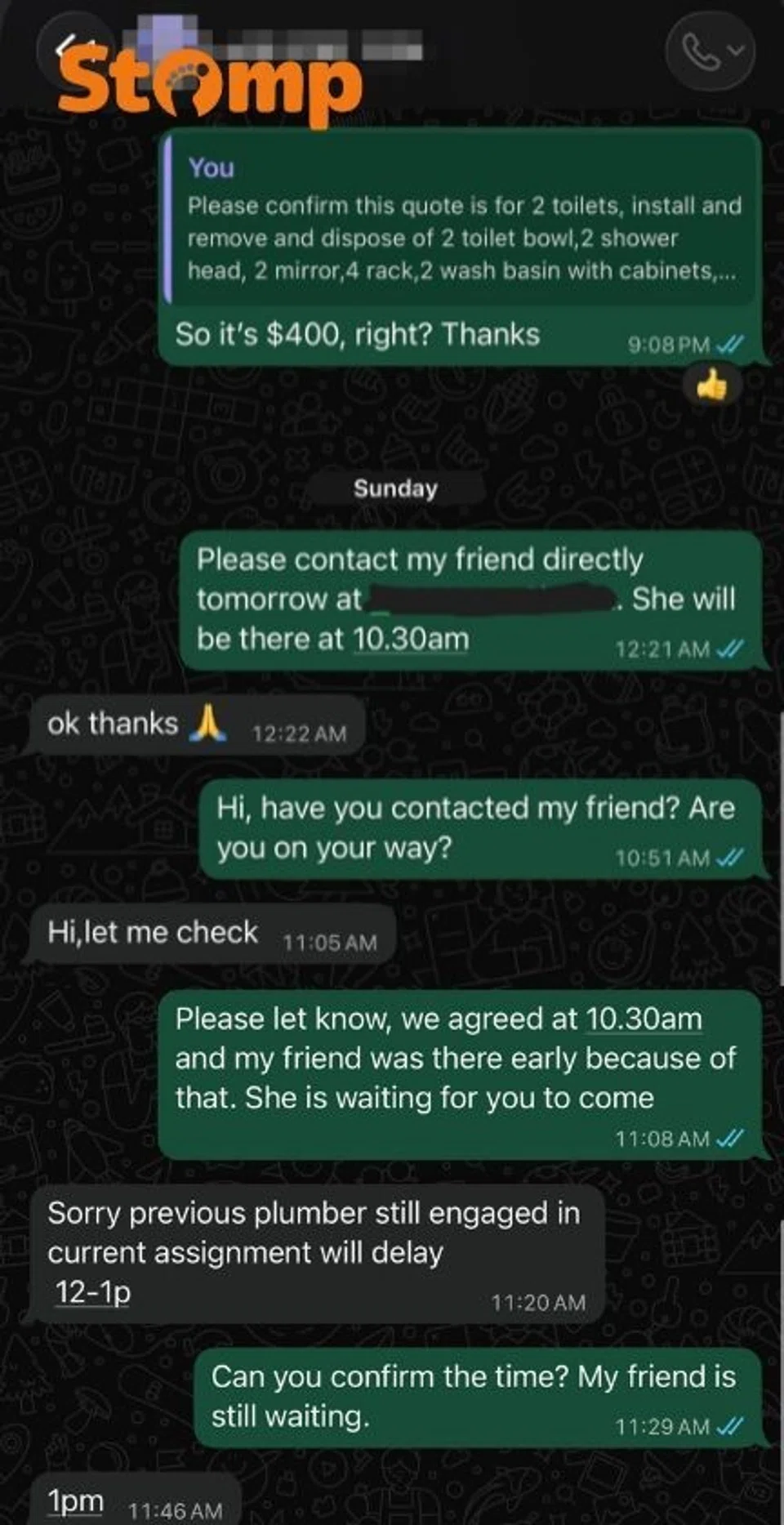 $400 or $2,600? Customer and plumbing company dispute WhatsApp quote
