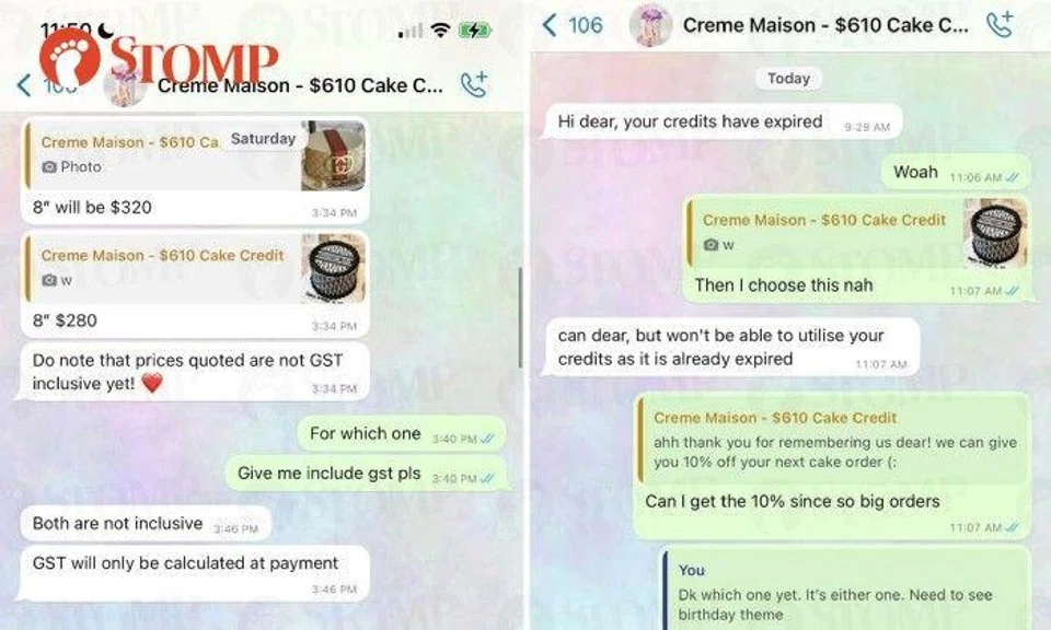 The Stomper shared screenshots of the messages between her and Creme Maison Bakery.
