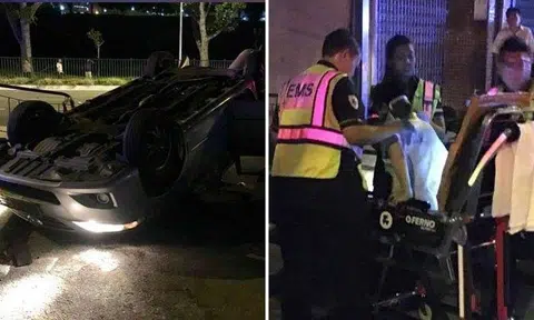 On the right: Overturned silver sedan On the left: Man involved in accident
