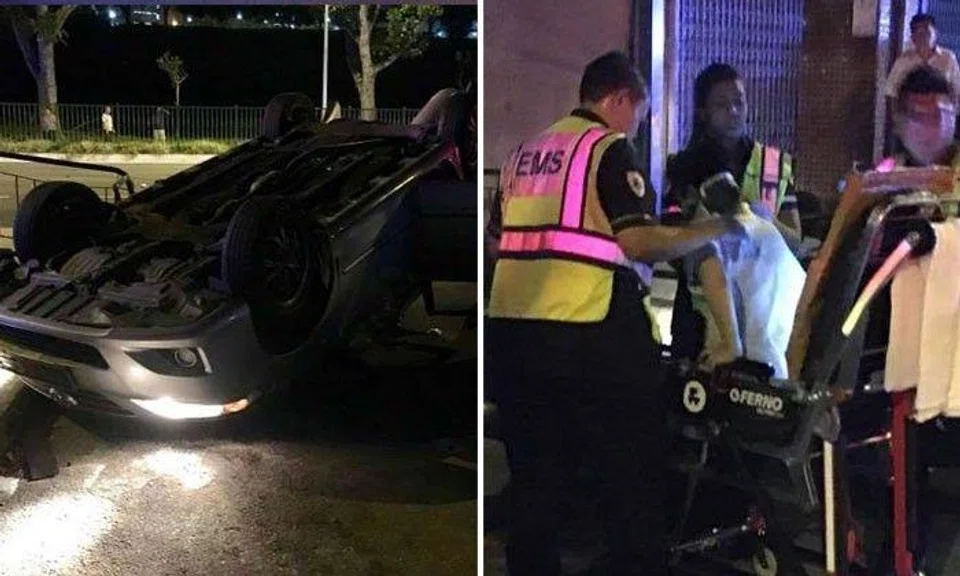 On the right: Overturned silver sedan On the left: Man involved in accident