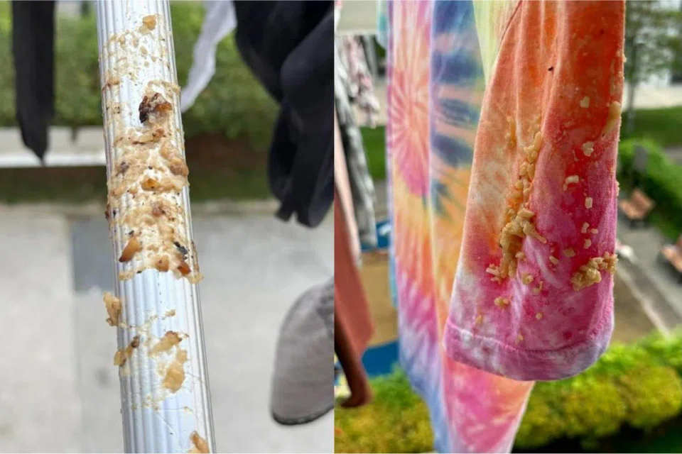 The clothes rack and clothes Ms Xiao hung out were stained with food scraps and had to be rewashed.