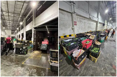 Truck drivers unloading imports for inspection (left), and illegal food imports seized by the SFA.