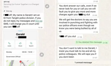 Screenshots of WhatsApp messages featuring vulgarities between an unknown user and someone who claimed to be “Gerald”, an investigating officer from the Tanglin police division.