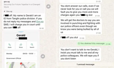 Screenshots of WhatsApp messages featuring vulgarities between an unknown user and someone who claimed to be “Gerald”, an investigating officer from the Tanglin police division.