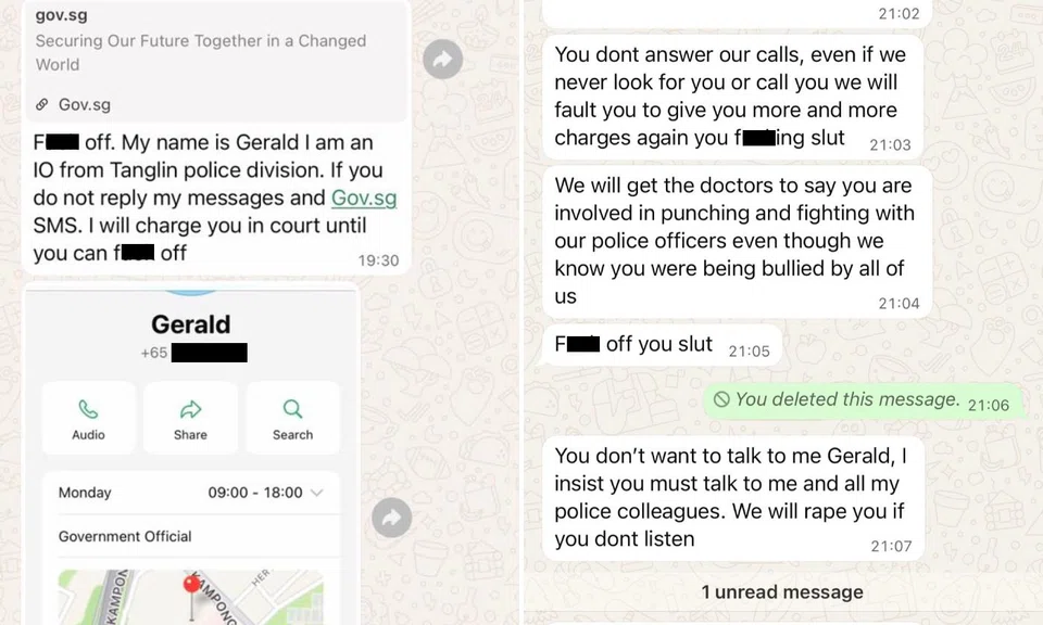 Screenshots of WhatsApp messages featuring vulgarities between an unknown user and someone who claimed to be “Gerald”, an investigating officer from the Tanglin police division.