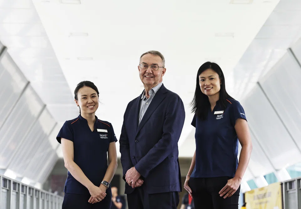 (From left) NUHS@Home nurse clinician Claudia Tan, Mr Paul Faulkner and Dr Stephanie Ko, lead for NUHS@Home.