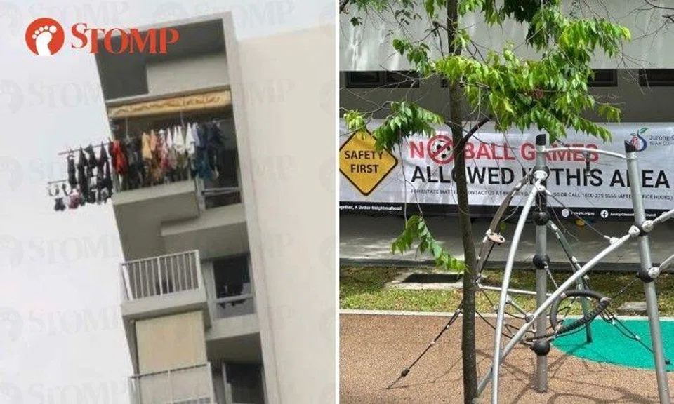 Precarious hanging of clothes on 'killer structure' at Jurong block endangers playground users: Resident 